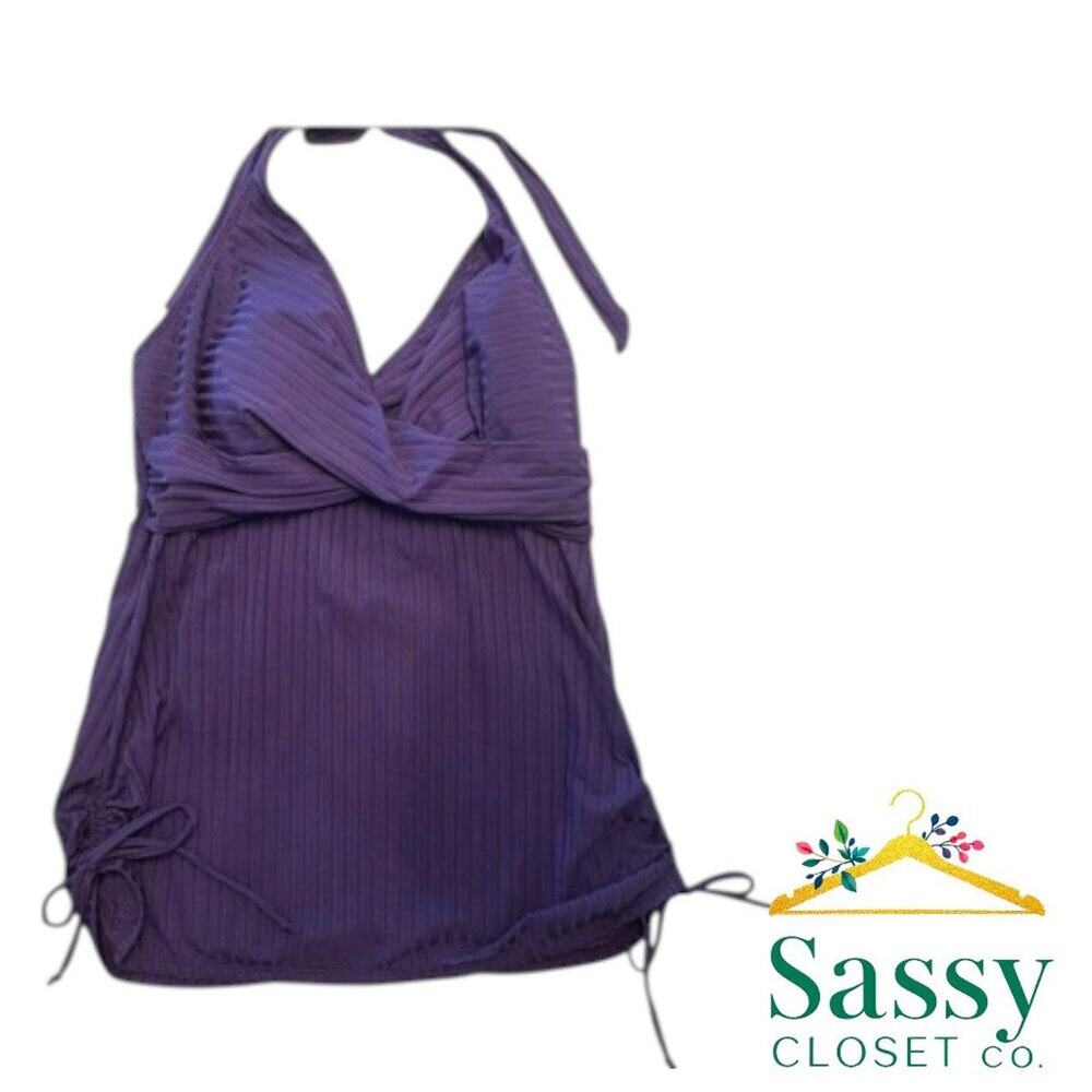 ✨ Purple Halter Tankini Swim Top Ruched Sides Removable Pads L NWOT 💜